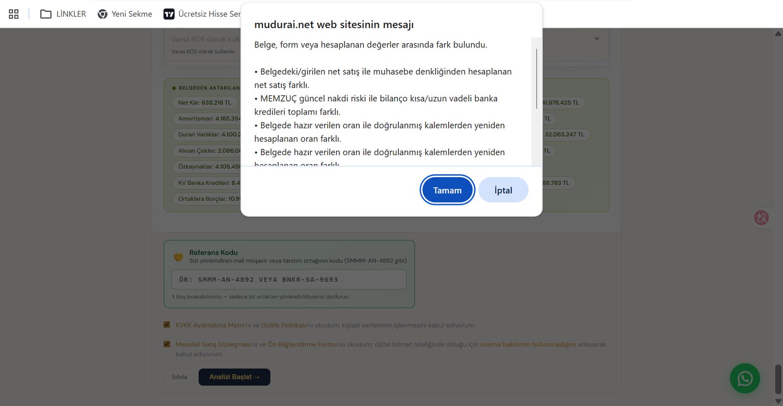 Belge ve form farkı uyarısı